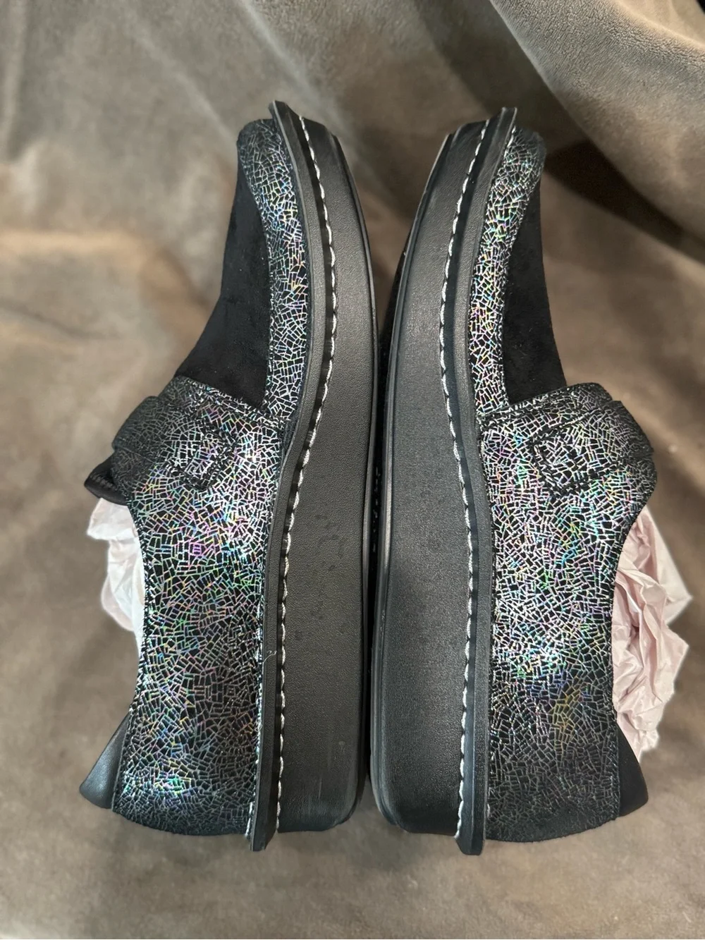 Alegria Black Suede Mary Jane Clogs with Sparkle Trim